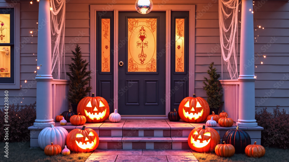 Obraz premium Halloween spooky scary front porch entryway decor scene with glowing orange, white, black jack-o'-lantern pumpkins, disco ball, spider web, pink and yellow festive lights at night for celebration. 