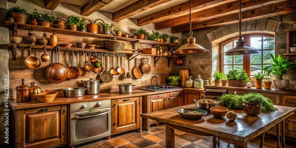 Fototapeta premium Rustic Kitchen with Wooden Elements and Copper Pots - Cozy Interior Design Inspiration