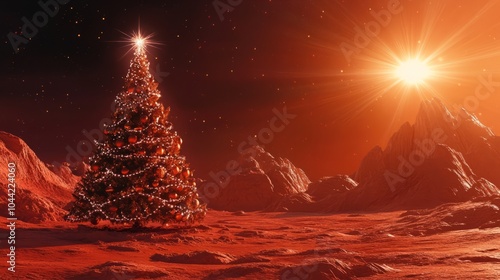 3d abstract futurustic illustration with christmas tree and allien ufo for greeting card photo