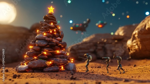 3d abstract futurustic illustration with christmas tree and allien ufo. for greeting card photo