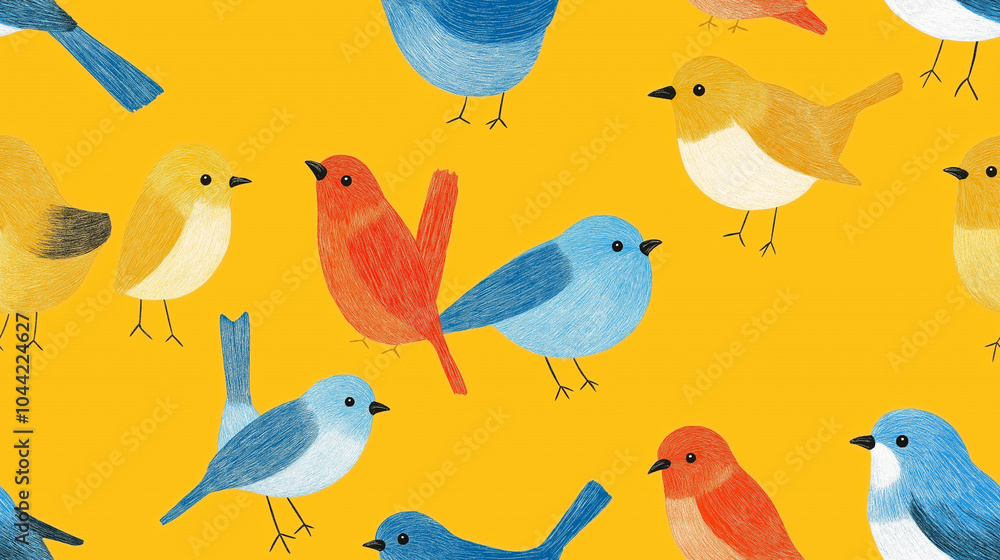 Seamless Pattern with Colorful Birds on Yellow Background Seamless Pattern with Colorful Birds on Yellow Background