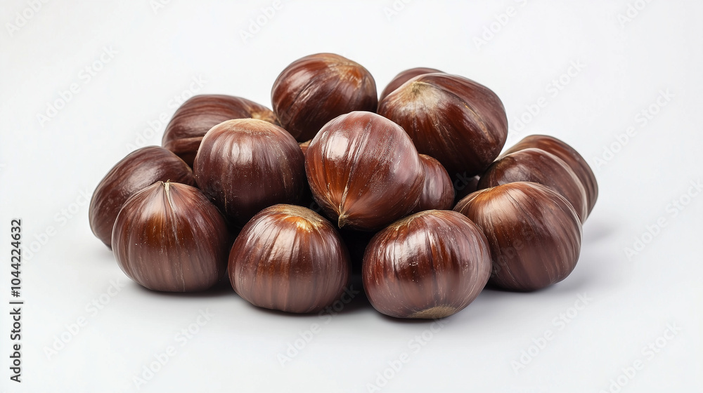 Piled chestnuts on white background, healthy nut snack concept copy space Piled chestnuts on white background, healthy nut snack concept copy space