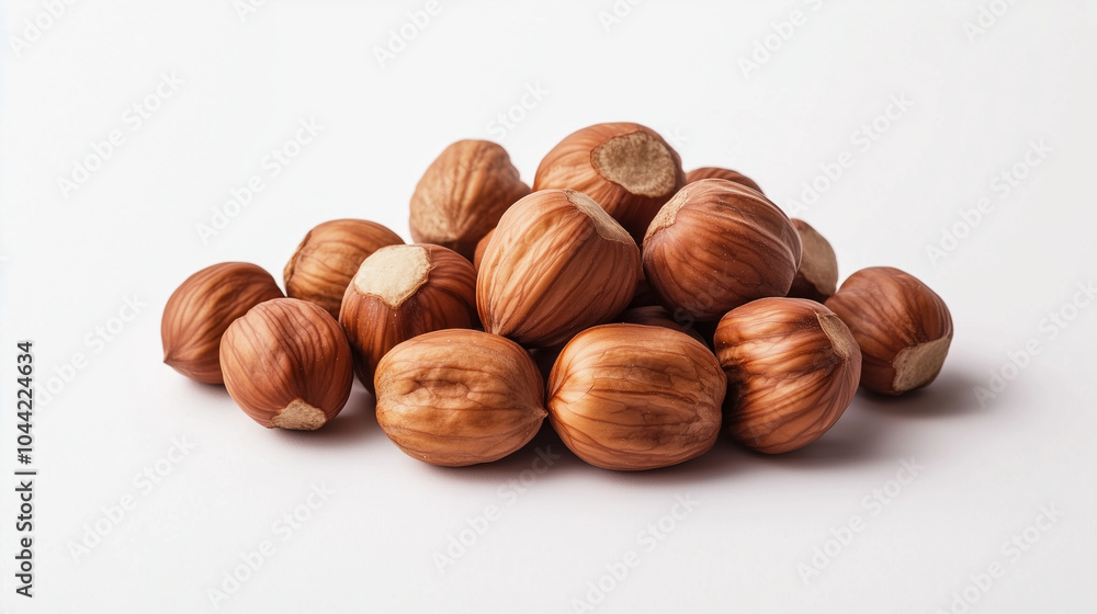 Fototapeta premium Piled hazelnuts with shell on white background, healthy nut snack concept copy space