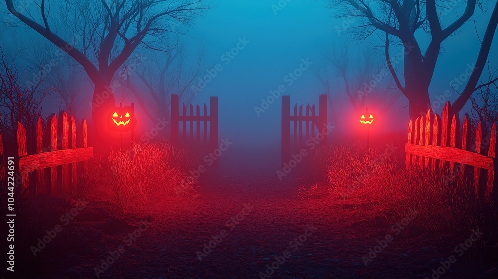 Fototapeta premium Description:** A foggy scene featuring a spooky gate with eerie red-lit pumpkins, surrounded by dark trees, creating a haunting Halloween atmosphere.