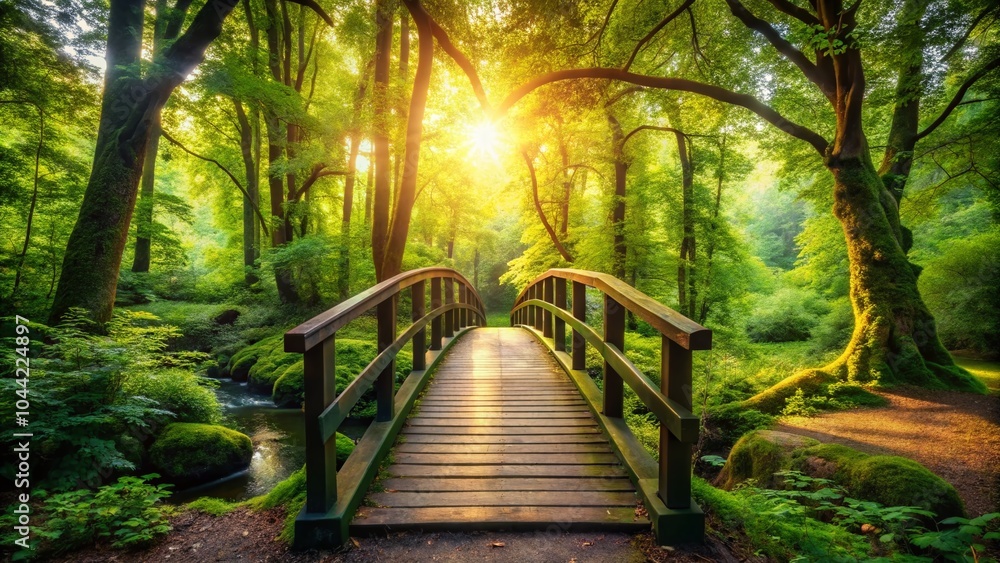 Fototapeta premium Scenic Woodland Footbridge in Lush Green Forest – Panoramic Nature Photography