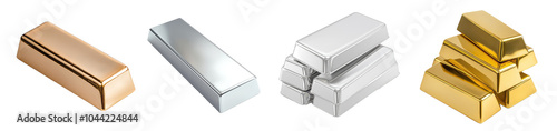 Metallic gold and silver bar set collection on transparent cutout background, PNG file. Mockup clipart template
