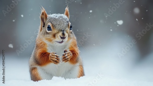 Cute squirrel in the snow. Perfect for illustrating winter or nature themes.