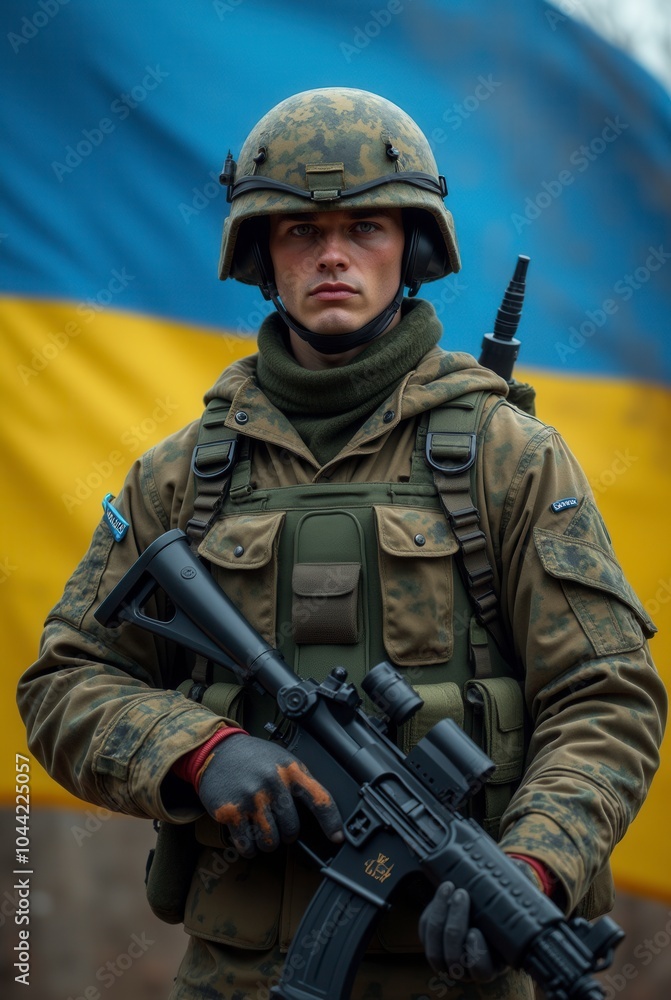 Ukrainian soldier standing in front of Ukrainian flag military patriotism Ukrainian soldier standing in front of Ukrainian flag military patriotism