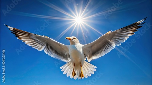 Seagull soaring in the sky with outstretched wings in bright sunlight close-up