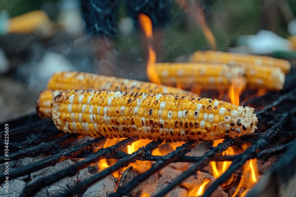 Grilled corn on the cob over flames. Perfect for a summer barbecue or cookout. Grilled corn on the cob over flames. Perfect for a summer barbecue or cookout.