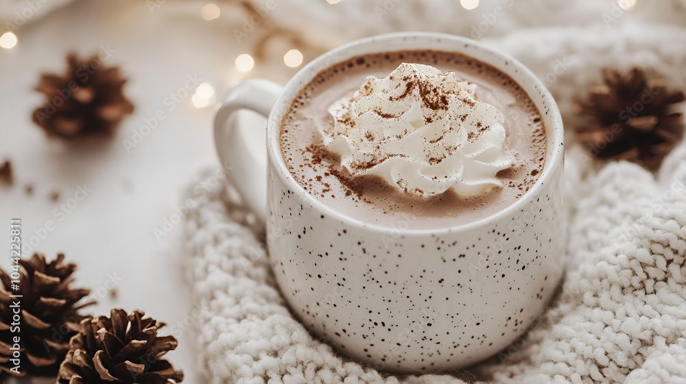 Close-Up of Hot Chocolate with Whipped Cream and Cocoa Powder in a Minimalist White Mug Close-Up of Hot Chocolate with Whipped Cream and Cocoa Powder in a Minimalist White Mug