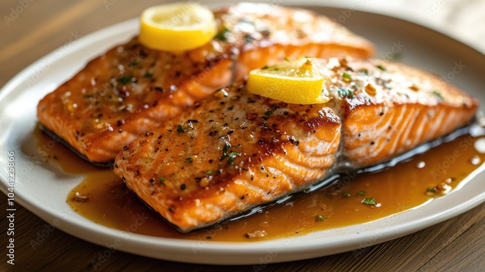 Grilled salmon with lemon sauce. Perfect for food blogs or restaurant menus. Grilled salmon with lemon sauce. Perfect for food blogs or restaurant menus.