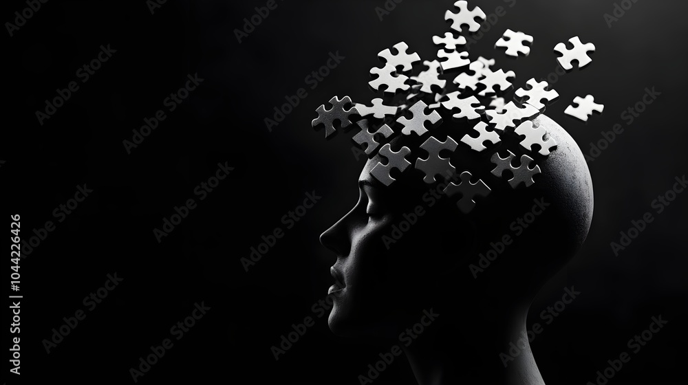 A woman's head sculpted in stone, puzzle pieces coming together within her skull, metaphor for mental construction, smooth textures, monochrome palette, minimalist aesthetic A woman's head sculpted in stone, puzzle pieces coming together within her skull, metaphor for mental construction, smooth textures, monochrome palette, minimalist aesthetic