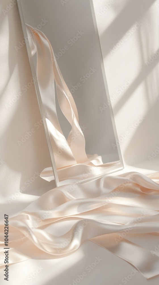 An empty scene featuring a blank mockup template (long satin ballet ribbons cascading over a mirror) An empty scene featuring a blank mockup template (long satin ballet ribbons cascading over a mirror)