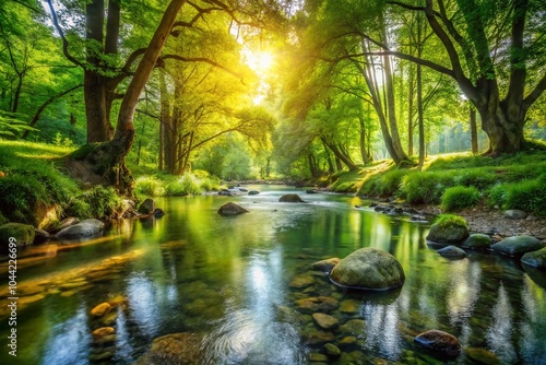 Serene Water Stream Flowing Through Lush Greenery – Nature's Tranquility and Beauty Captured in a Peaceful Landscape