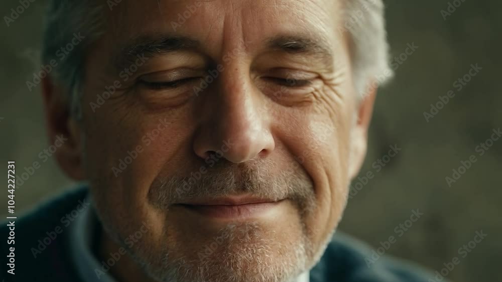 Senior man closing his eyes, feeling gratitude and expressing positive emotions with a serene smile and calm demeanor Senior man closing his eyes, feeling gratitude and expressing positive emotions with a serene smile and calm demeanor