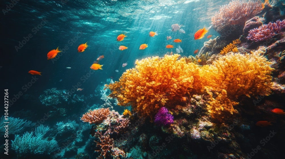 Obraz premium Colorful coral reef with fish swimming. Ideal for marine life, ocean, and underwater photography.