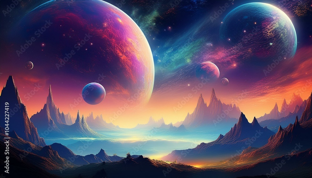 Fantasy landscape with planets and nebulas Fantasy landscape with planets and nebulas