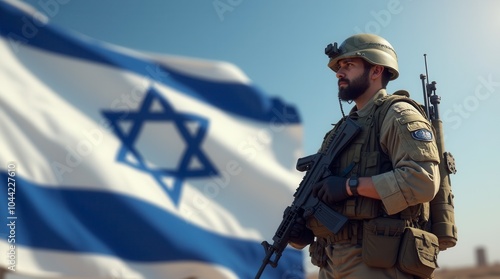 Israeli soldier standing in front of Israel flag military patriotism