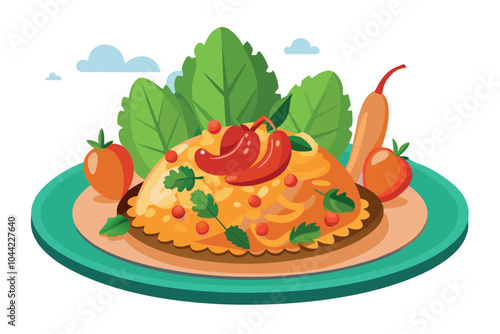 Bulgar pilaf with shrimps bell peppers and greens on a plate vector