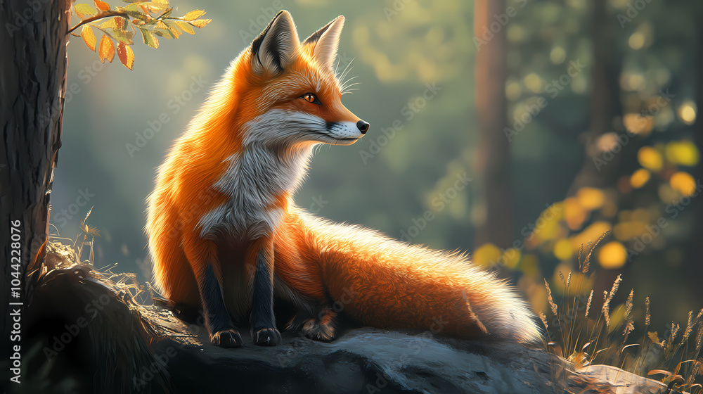 Obraz premium A realistic depiction of a fox showcasing its vibrant orange fur and distinctive features in a natural pose. Spirit Fox. Illustration