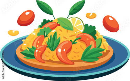 Bulgar pilaf with shrimps bell peppers and greens on a plate vector