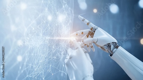 AI, Machine learning, Hands of robot and human touching on big data network connection background, Digital Transformation, Science and artificial intelligence technology, innovation and futuristic.