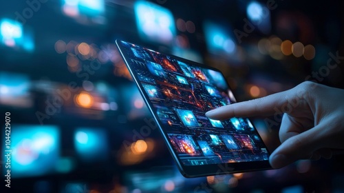 Close-up of a hand holding a tablet displaying OTT audience engagement data with live ad placements, OTT ad engagement, programmatic buying insights