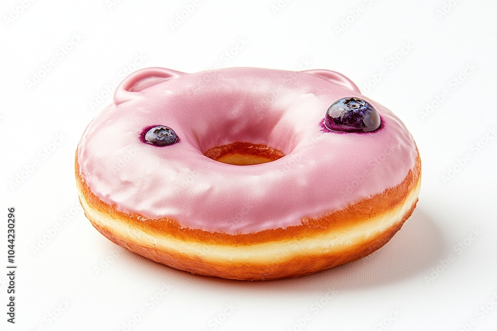 Colorful pink donut with bear ears and blueberry toppings, set on white isolated background.