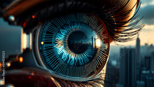 Capture a riveting close-up of a cybernetic eye with intricate circuitry, oozing neo-noir vibes, reflecting shadows of a city skyline photo