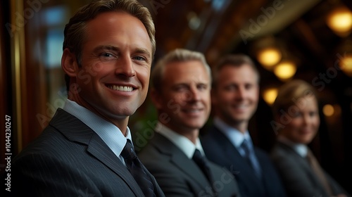 A group of smiling businessmen in suits look at the camera.