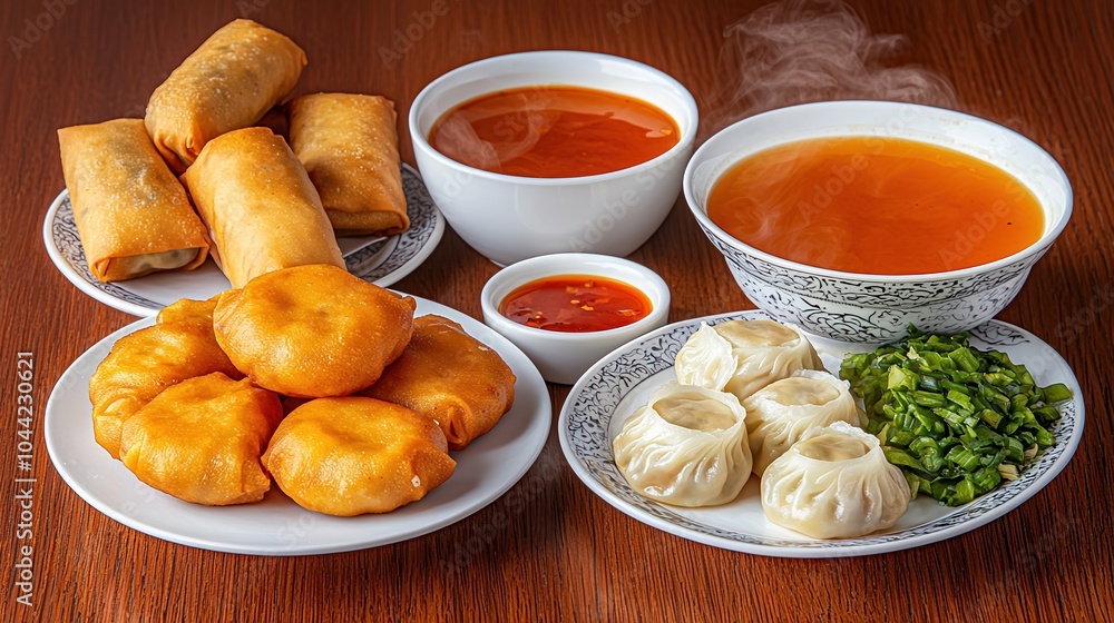 Delicious assortment of savory dumplings, spring rolls, and soup on a wooden table. Delicious assortment of savory dumplings, spring rolls, and soup on a wooden table.
