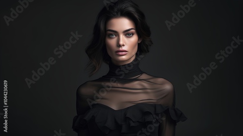 Portrait of a beautiful brunette woman in black dress on dark background photo