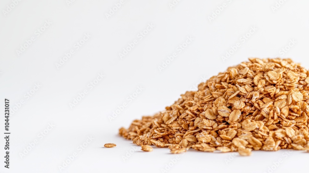 Close-up of granola clusters piled on a white background, showcasing texture and freshness, minimalistic and high-impact for healthy food promotions Close-up of granola clusters piled on a white background, showcasing texture and freshness, minimalistic and high-impact for healthy food promotions