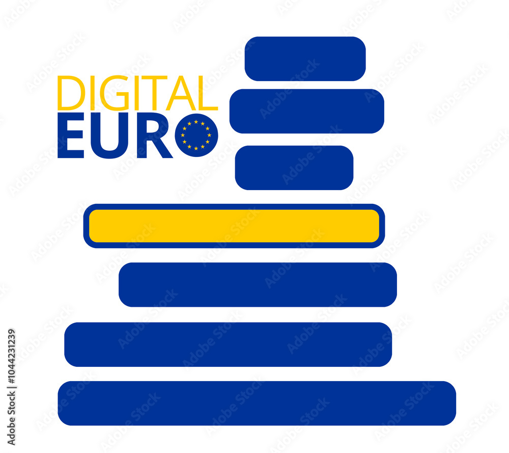 Digital Euro as D€ with map of the European Union as EU as Europe, slightly simplified rounded lines shape of the european map, blue and yellow creative abstract Digital Euro as D€ with map of the European Union as EU as Europe, slightly simplified rounded lines shape of the european map, blue and yellow creative abstract
