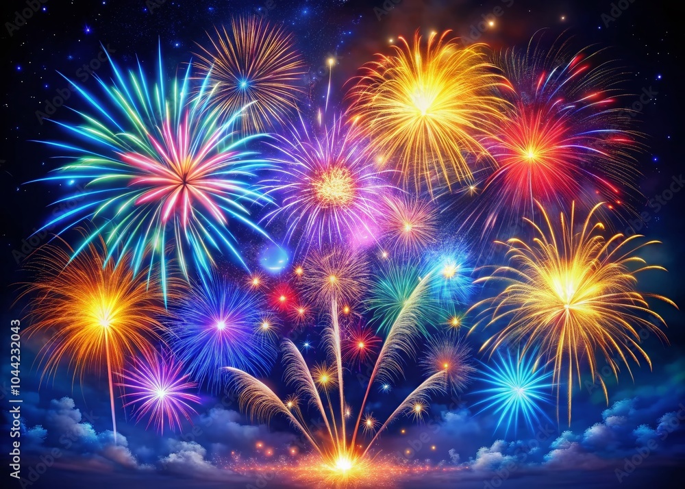 Stunning Abstract Fireworks in Blue Sky Background for Celebrations and Events Stunning Abstract Fireworks in Blue Sky Background for Celebrations and Events