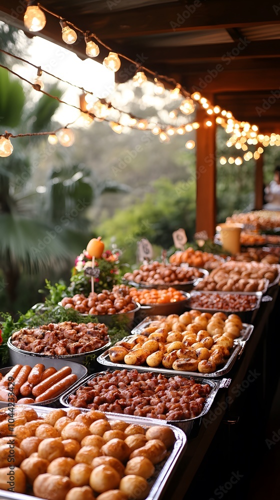 Vibrant Buffet Spread with Various Dishes and Decor Vibrant Buffet Spread with Various Dishes and Decor