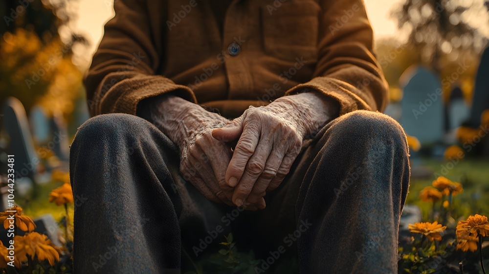 Overhead close-up shot of an elderly man with hands on his lap, cemetery in soft focus behind, reflecting on life, Realism, Cool Tones, Subtle Shadows, High Detail Overhead close-up shot of an elderly man with hands on his lap, cemetery in soft focus behind, reflecting on life, Realism, Cool Tones, Subtle Shadows, High Detail