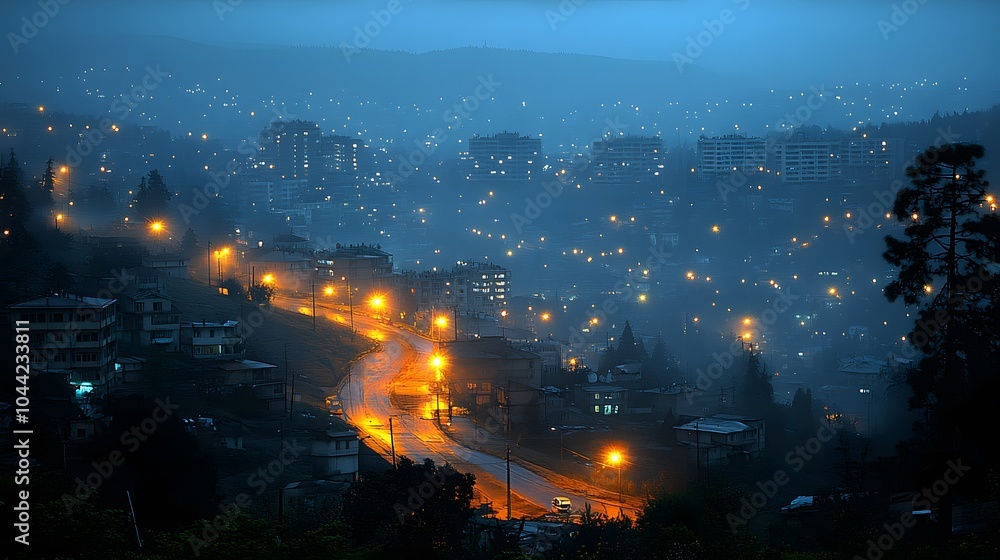 Serene Cityscape at Dusk with Lights and Mist Serene Cityscape at Dusk with Lights and Mist