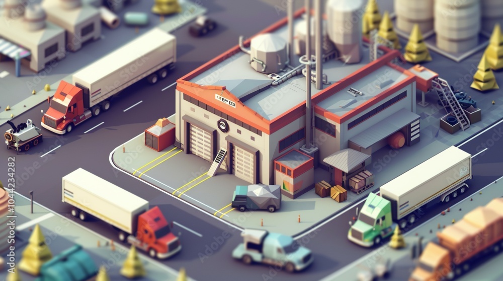 Low-Poly Diorama of a Factory and Trucks Low-Poly Diorama of a Factory and Trucks