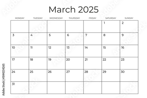 Printable Monthly Calendar Template for March 2025. Wall Calendar in a Minimalist Style. Week Starts on Monday. Simple and clean design