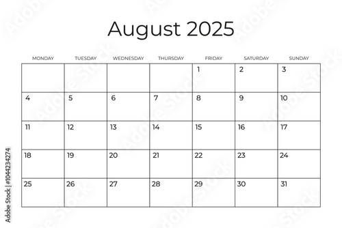 Printable Monthly Calendar Template for August 2025. Wall Calendar in a Minimalist Style. Week Starts on Monday. Simple and clean design
