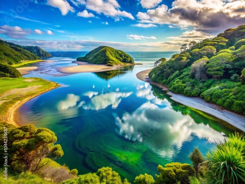 Stunning Double Exposure of Otahu River Mouth and Ocean in Whangamata, Coromandel Peninsula, New Zealand photo