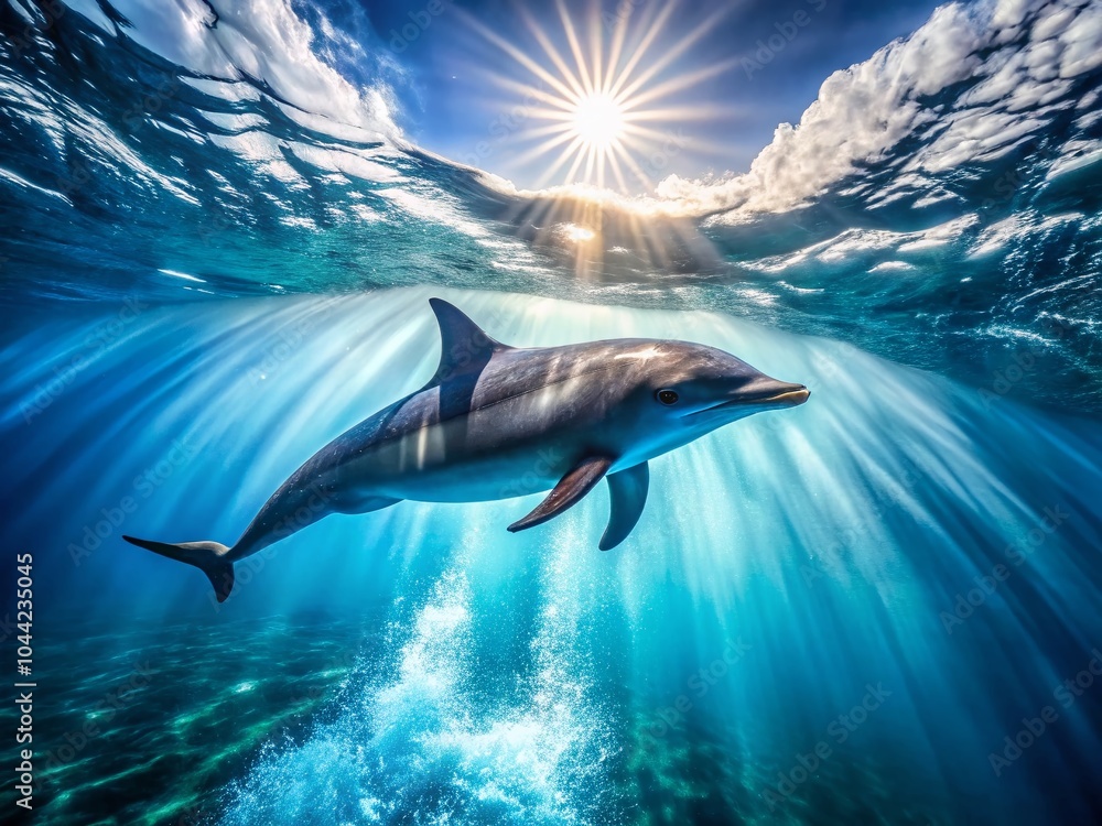 Naklejka premium Stunning Drone Photography of Blue Dolphin Swimming in Vibrant Blue Waves for Nature Lovers and Ocean Enthusiasts