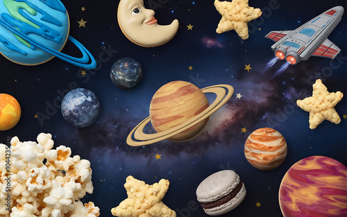 Space themed dessert with blue and yellow planets  a galactic journey for your tastebuds    photo