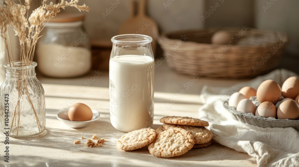 Fresh milk with cookies and eggs in a bright American-style kitchen Fresh milk with cookies and eggs in a bright American-style kitchen