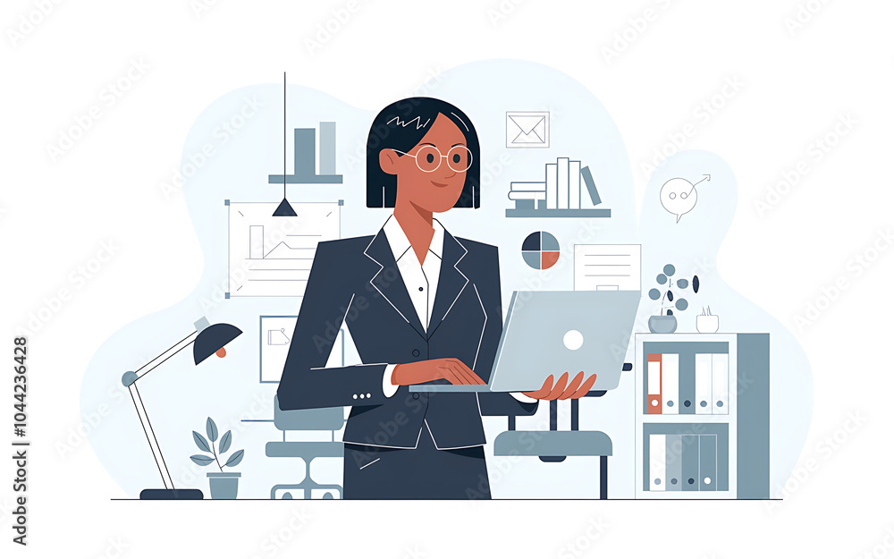 Businesswoman in blue suit working on laptop modern office productivity and success Businesswoman in blue suit working on laptop modern office productivity and success