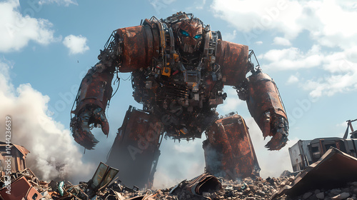 A towering figure of scrap metal and rust, the junkyard titan is a hulking monstrosity that patrols the junkyard, ensuring that no one scavenges its precious resources. Titanic Behemoth. Illustration