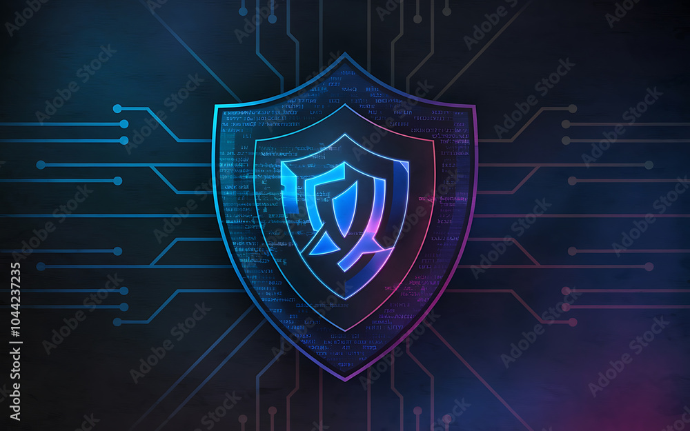 Fototapeta premium Cybersecurity Shield with Blue and Pink Glow Illustrating Digital Protection and Security 