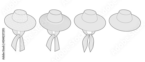 Set of Wide-brim sunhats - Floppy, Packable Self-Tie Hats. Summer Head Fashion accessory cap clothing technical illustration. Vector headgear for Men, women, unisex style, flat template CAD mockup